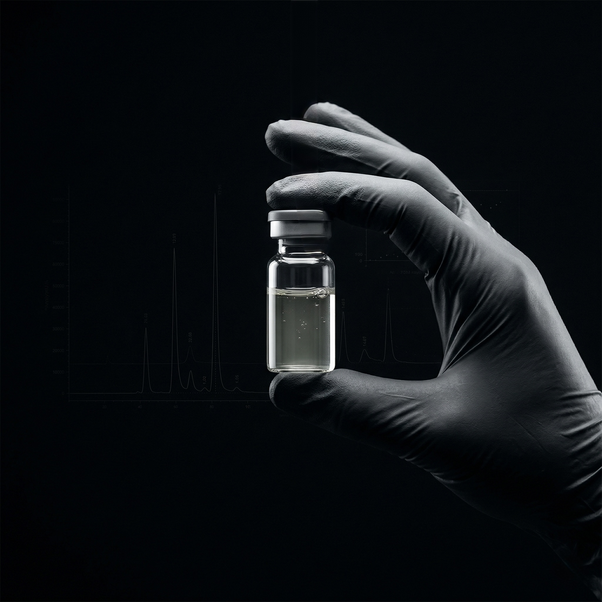 Gloved hand holding a research vial with HPLC chromatography analysis